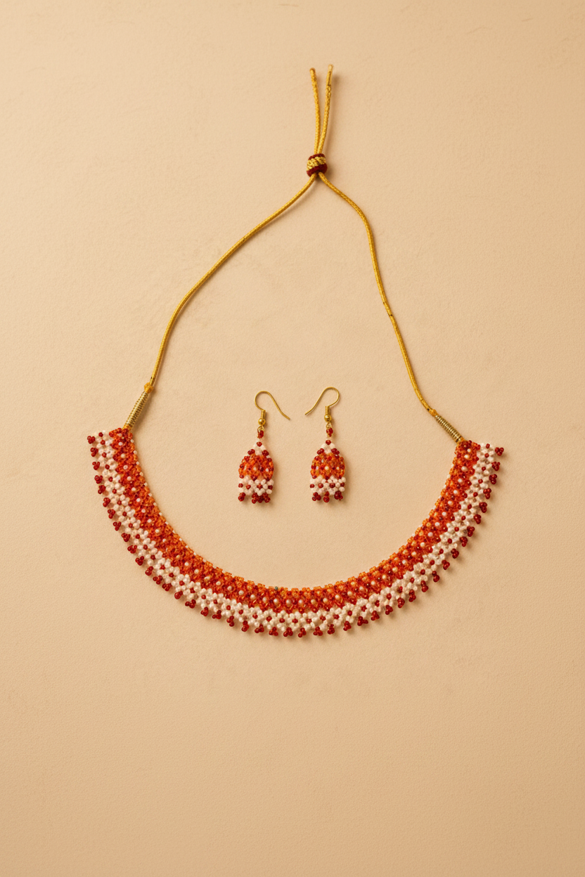 Pallavi handmade red beaded necklace set with matching earrings