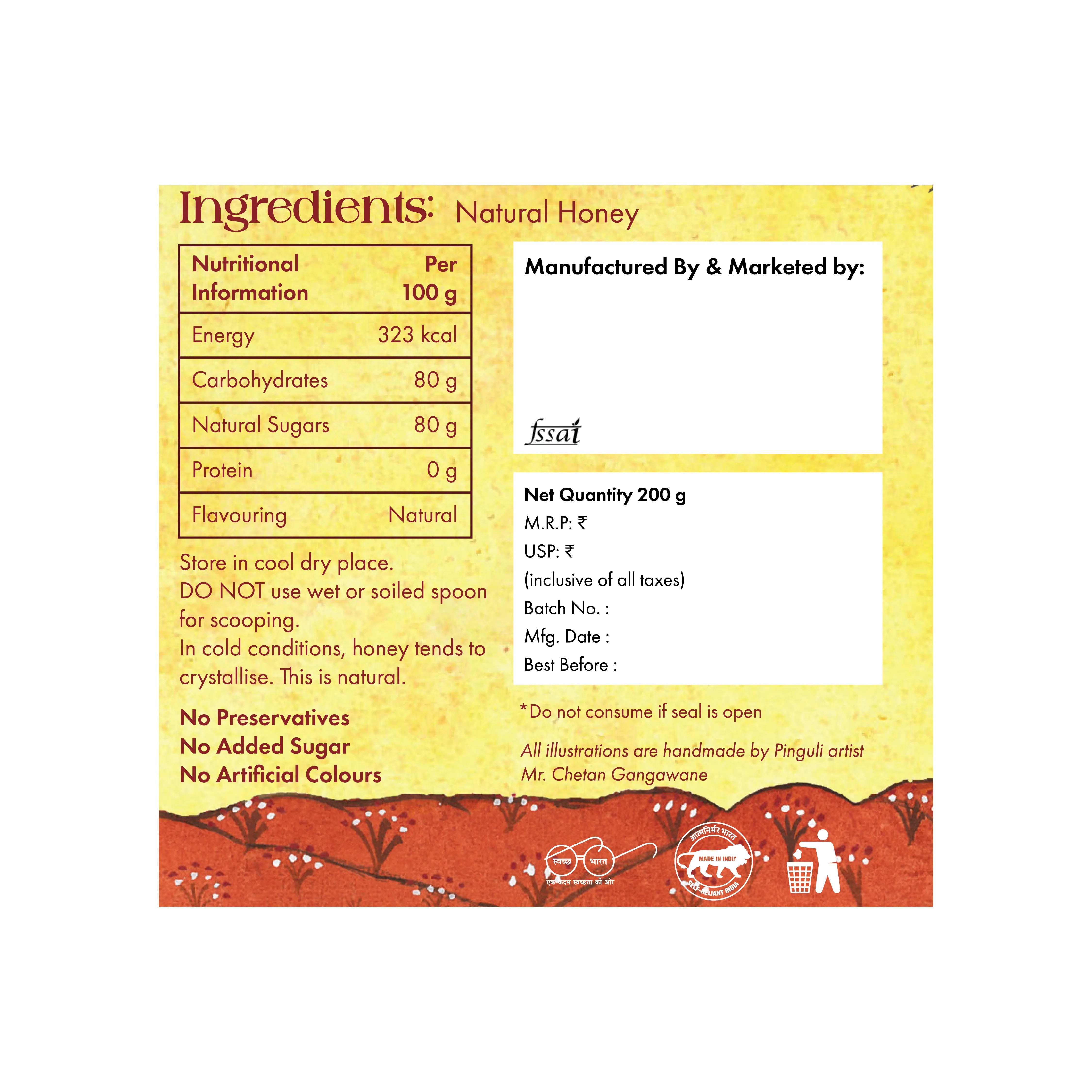 Shabari Naturals Multiflora Honey ingredients and product information label