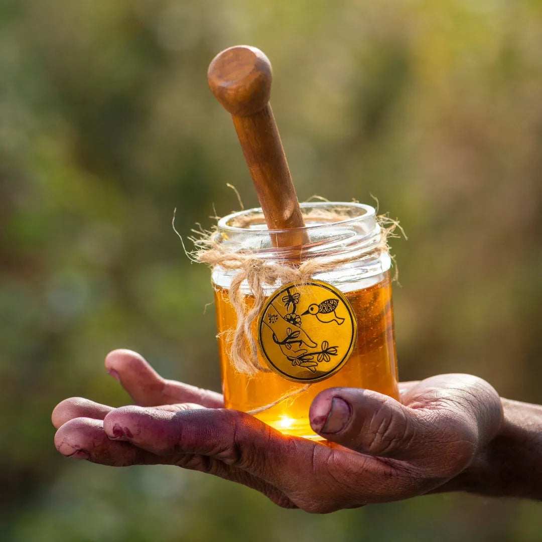 Shabari Naturals Multiflora Honey jar with wooden honey dipper