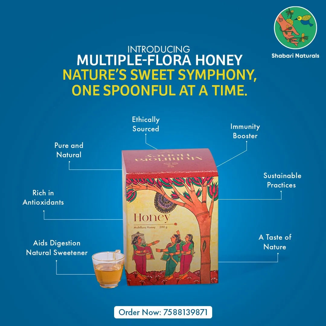 Shabari Naturals Multiflora Honey product packaging with product features