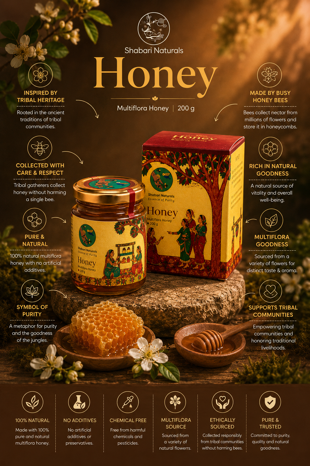 Shabari Naturals Multiflora Honey jar and box with product information