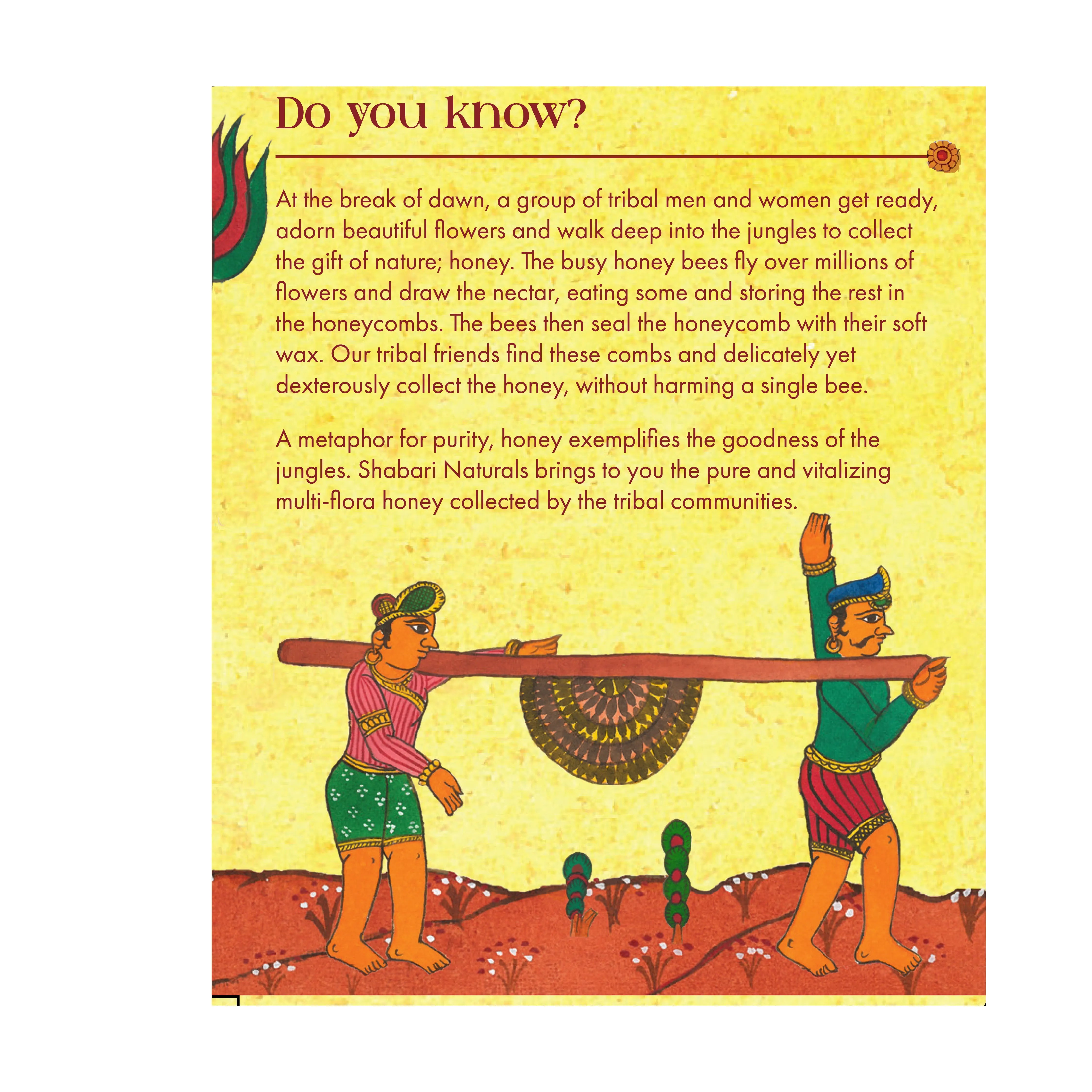 Traditional honey harvesting illustration for Shabari Naturals Multiflora Honey